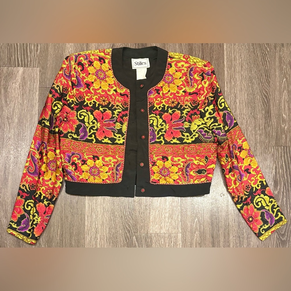 Vintage Quilted Jacket by Stiles vibrant red, yellow, and black floral Size 8